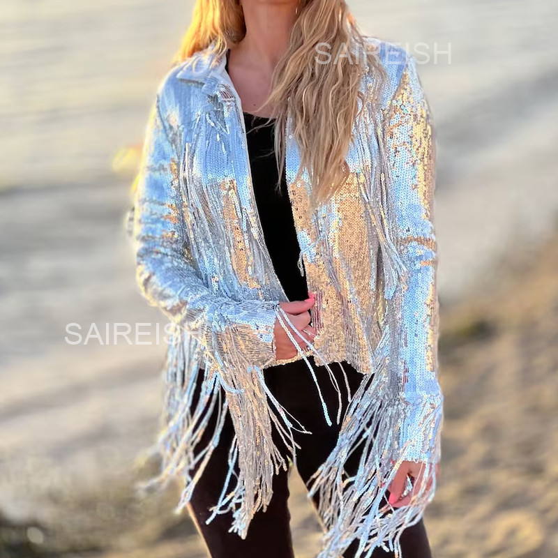 Women'S Fashion Bomber Jacket - Harajuku Unisex Sequin Fringed Dance Performance