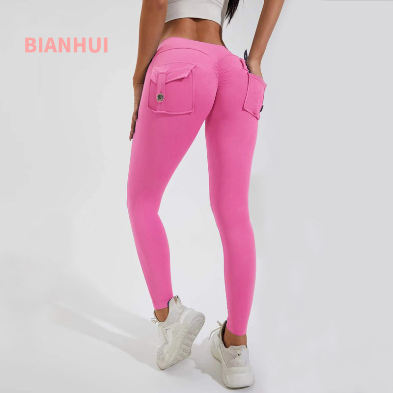 High Waist Leggings - BIANHUI Fitness Leggings Women Pocket Peach