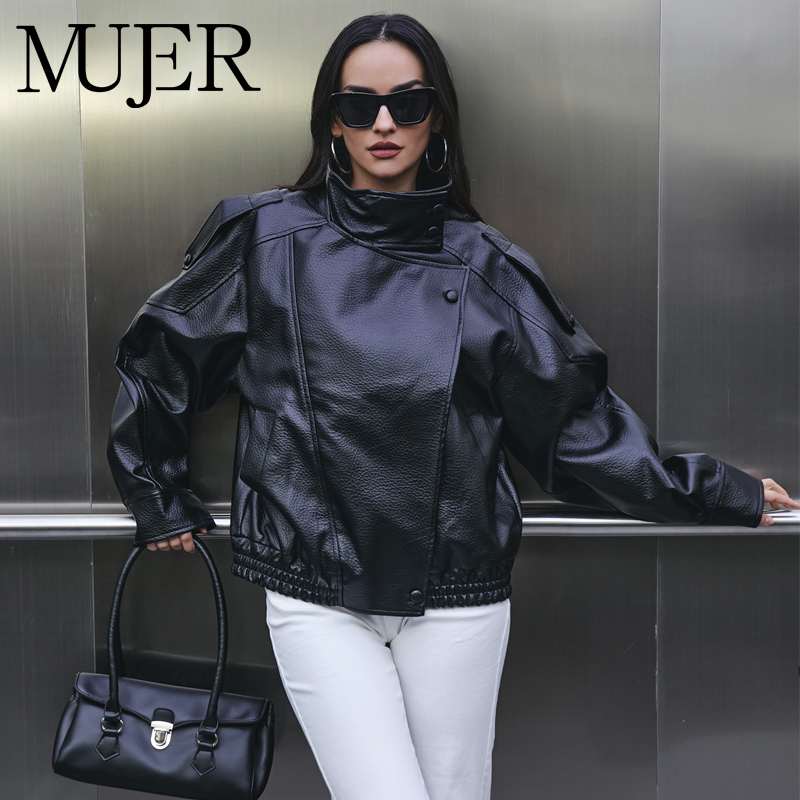 Women'S Fashion Bomber Jacket - MUJER Faux Leather Women's Jacket Black